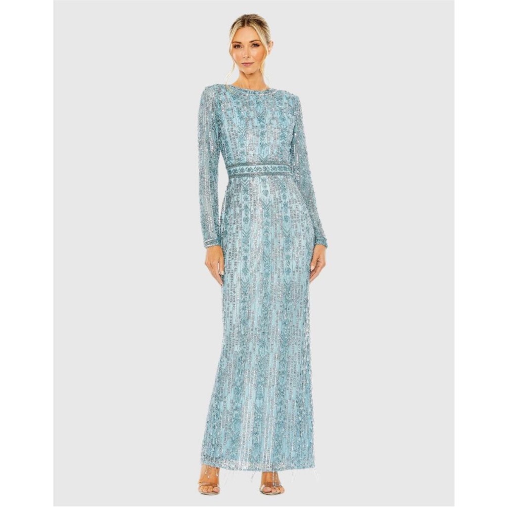 Mac Duggal 5981 French Blue High Neck Long Sleeve Crystal Fringe Column Gown 8